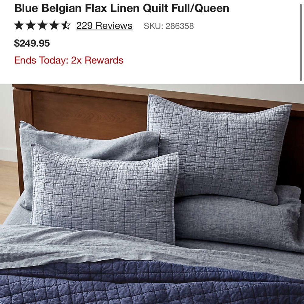 Crate&Barrel Queen Blue Belgian Flax Linen Quilt + 2 Shams
